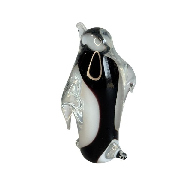 Hand Blown Art Glass Penguin Figurine Clear Encased Black White 4 1/2" - Picture 5 of 7